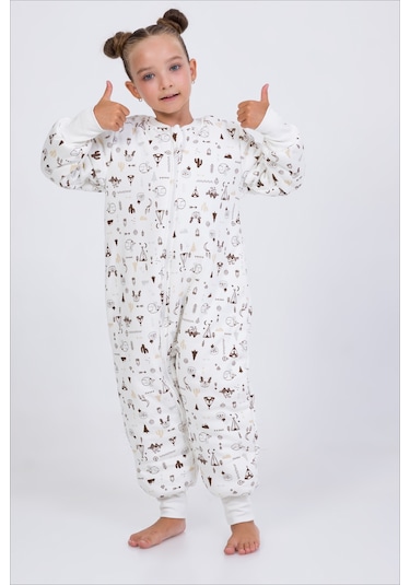 Kız Erkek Çocuk Kalın Elyaf Dolgulu Premium Kalite 2.5 Tog Desenli Uyku Tulumu Koyu Ekru