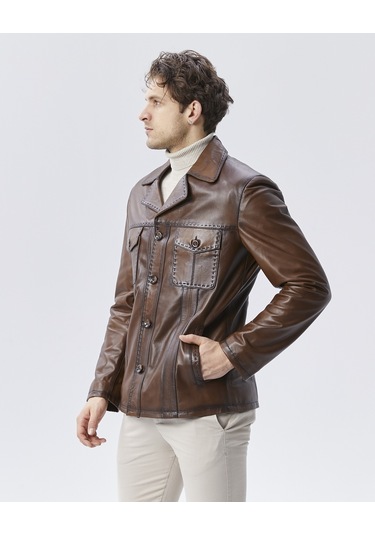 Hakiki Deri Ceket Karartmalı Koyu Kahverengi