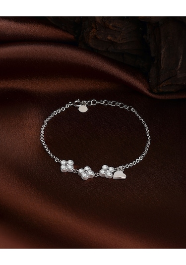 925 Ayar Rodyum Üçlü Çiçek Kalp Charm Gümüş Bileklik Gümüş - Rodyum