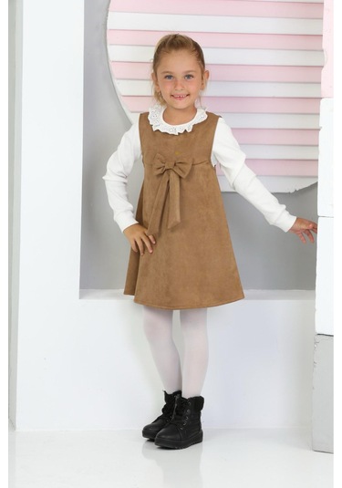 Kız Çocuk Süet Kumaş 2'li Elbise Elbise+bady Bluz 12177 Vizon
