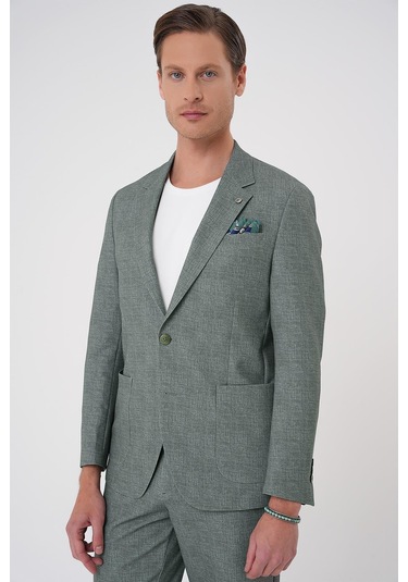 Comfort Fit Mono Yaka Çift Yırtmaç Torba Cep Casual Yeşil Ceket C 701 Yeşil