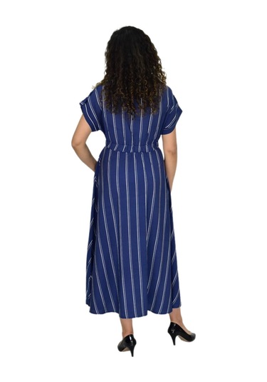 Kadın Beli Lastikli Çizgili Elbise Bgl-st04638 İndigo