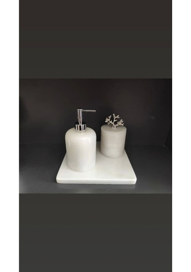 Beyaz Mermer 3'lü Banyo Seti Gümüş Rengi Mercan Akseuarlı Beyaz