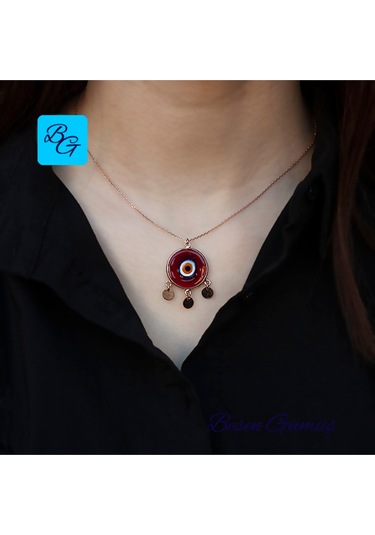 Üç Pullu Rose Yuvarlak Kırmızı Göz Kolye Rose - Gold -  Gümüş