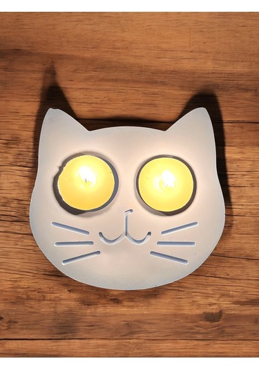 Mavi Kedi Şekilli Beton Mumluk - El Yapımı Dekoratif Çay Işığı Tealight Mumluk - Minimalist Kedi Tem Mavi
