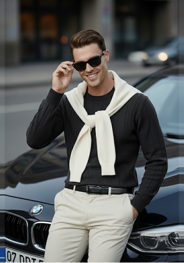 Deepsea Füme Dar Kesim Likralı Erkek Triko Kazak Bisiklet Yaka Şık Tasarım 2605433 Füme