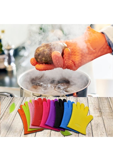 Folinda Islak Isıya Dayanıklı Silikon Eldivenler - Barbekü, Pişirme, Kamp İçin 446 F Isı Direnci - Kırmızı Renk Kırmızı