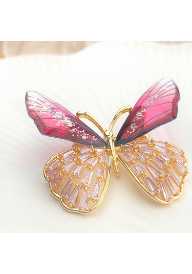 Broş Kadın Altın Kaplama Zirkon Taşlı Kelebek Yaka İğnesi Broş Ro Altın - Kırmızı