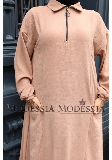 Kadın Bej Aerobin Uzun Önü Yarım Fermuarlı İkili Takım T1223 Bej