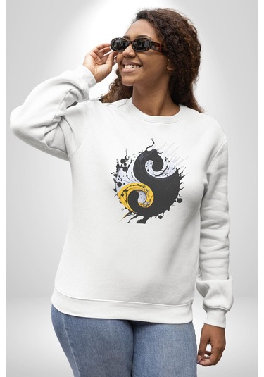 Yin İle Yang Kuramı Unisex Beyaz Baskılı Sweatshirt Beyaz
