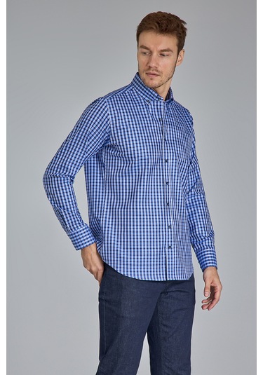 Bisse Paşa Yaka Uzun Kollu Regular Fit Kare Desenli Lacivert Erkek Gömlek Gmeks4kps242070 E39 Lacivert