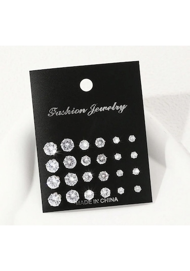 Flybuy 12'li Zirkonlu Gümüş Küpeler: Şık, Parlak, Çiftlere Özel, 4-6mm, 1.5cm Gümüş