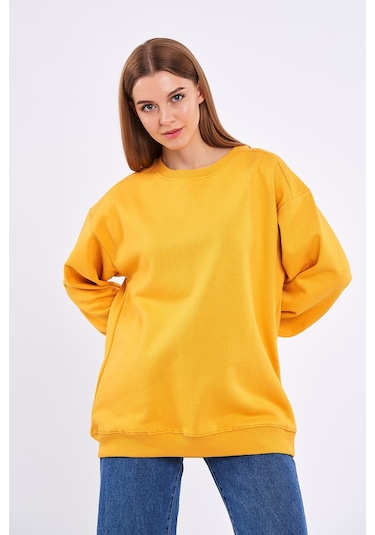 MMetalic Sarı Kadın Pamuklu Oversize Basic Bisiklet Yaka Sweatshirt Sarı