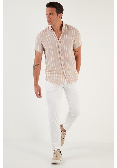 Buratti Çizgili Pamuklu Slim Fit Kısa Kollu Erkek Gömlek Cf23S116097 Taş