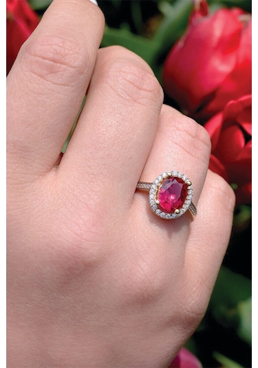 Oval Kırmızı Taşlı Altın Yüzük (489565023)