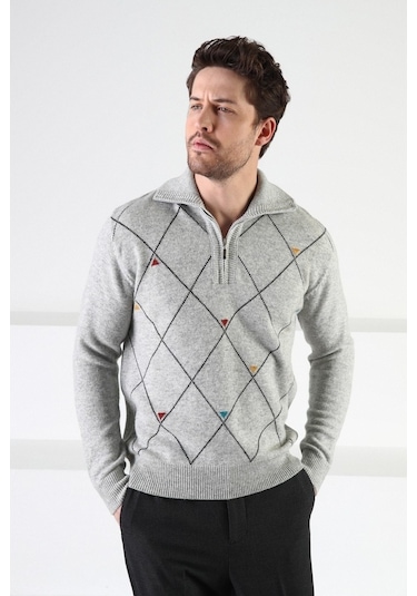 Ferraro A.Gri Fermuarlı Dik Yaka %100 Kuzu Yünü Erkek Kazak Açık Gri (536161083) Açık Gri