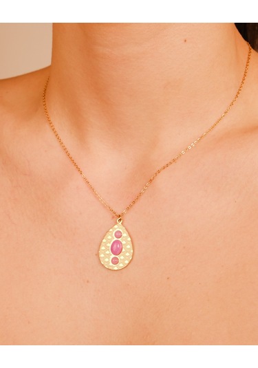 Lekka Design Kadın Takı Kararmaz Çelik Pudra Pembe Taşlı Damla Antik Kolye