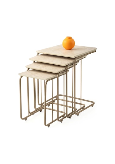 Ahşap Mermer Desenli 4 Lü Zigon Sehpa Metal Ayaklı Sidon Sidon