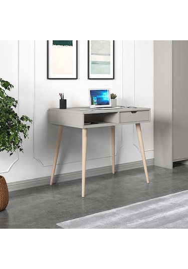 Offer Çalışma Masası, Bilgisayar Masası, Çekmeceli Kilim, Ahşap Ayak, Ev-ofis - Sis Gri Sis Gri