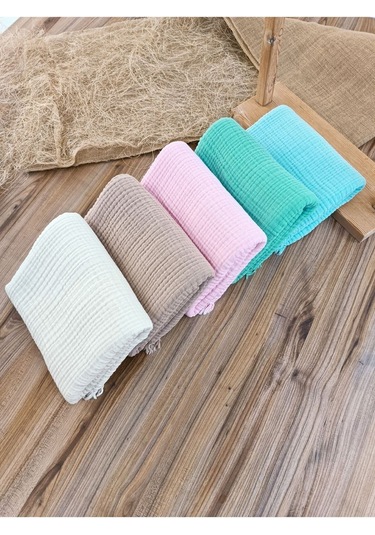 4 Kat Müslin Mint Yeşil Saçaklı Bebek Battaniyesi 100x120 Cm- %100 Pamuklu & Çok Amaçlı Battaniye Ekru
