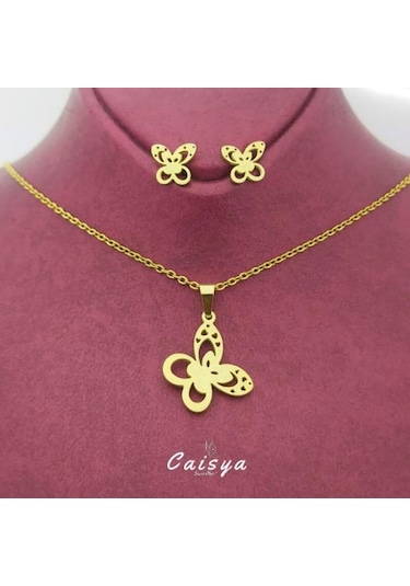 Kelebek Çelik Kolye Küpe Set Gümüş