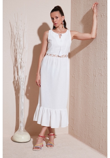 Lela Regular Fit Volanlı Kolsuz Midi Bayan Elbise 611El574 Ekru