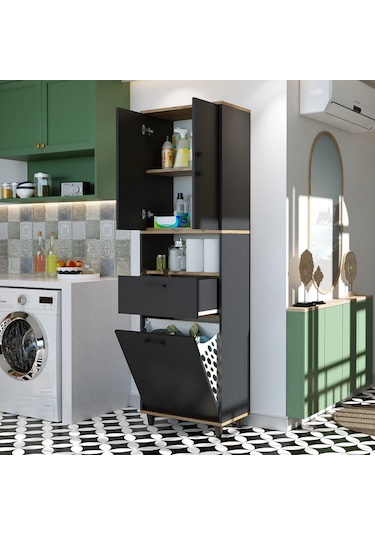 Çamaşır Sepetli Banyo Dolabı, Çok Amaçlı Dolap 60 X 200 Antrasit- Atlantik Çam
