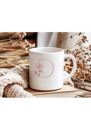 D Harfi Pembe Çiçek Desenli Kupa Bardak - Zarif Pembe Çiçek Tasarım Kahve Çay Kupası - Hediye Beyaz