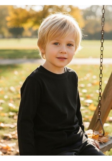 Zekids Erkek Çocuk Pamuklu Bisiklet Yaka Uzun Kollu Basic T-shirt-16775 SIYAH