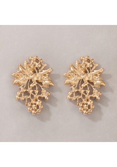 Vkemall İnci İşlemeli Yaprak Desenli Altın Renkli Alerjik Küpe Gold