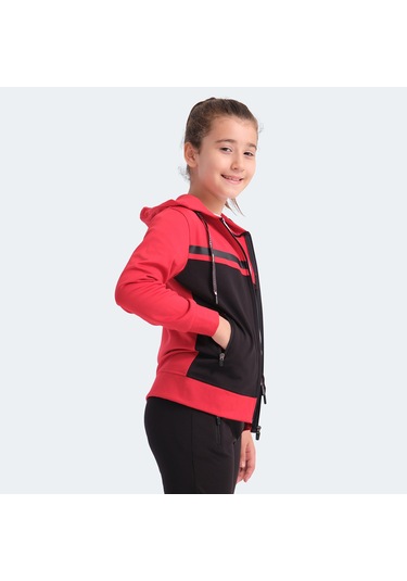 Slazenger NOON Çocuk Fermuarlı Kapüşonlu Cepli Siyah / Kırmızı Eşofman Takımı
