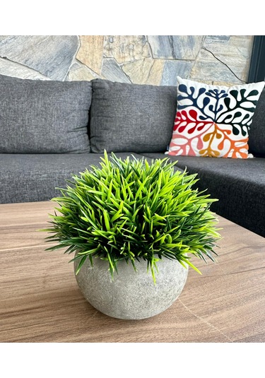 Premium Yapay Çim Topu Gri Saksıda Dekoratif Masa Üstü Çiçeği Yeşil