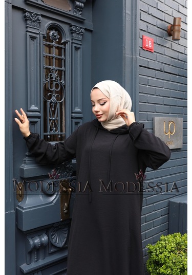 Kadın Siyah Aerobin Uzun Kapşonlu İkili Takım T0221 Siyah