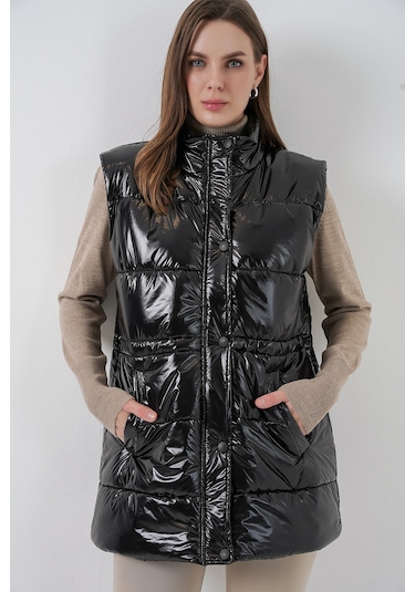Kadın Parlak Şişme Yelek 5218 - Siyah Siyah