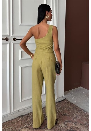 Tek Omuz Büstiyer Plazzo Pantolon Viscon Takım 10159 Çağla