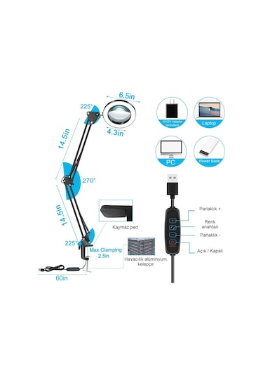 Katlanabilir Büyüteç Usb 3 Renkler Bakım Güzellik Led Masa Lamba