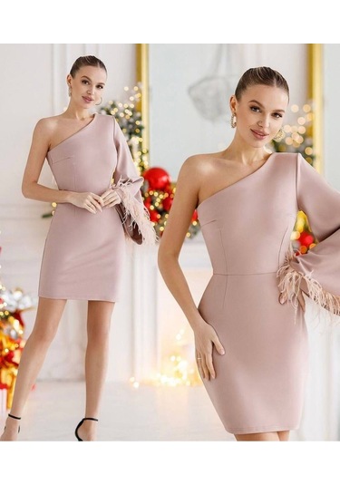Tek Omuz Mini Elbise Toz Pembe Toz Pembe