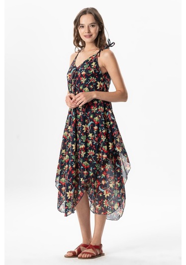 Askılı Vual Afrodit Midi Boy Yazlık Elbise Sarmaşık Lacivert 6224 Sarmaşık Lacivert