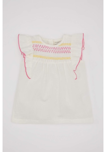 Defacto Kız Bebek Bisiklet Yaka Vual Kısa Kollu Gömlek C5188A524SMER105 Ekru