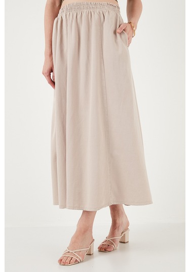 Lela Modest Pamuk Ve Keten Karışımlı Yüksek Bel Cepli Uzun Kiloş Tesettür Bayan Etek 668Yp4443 Taş