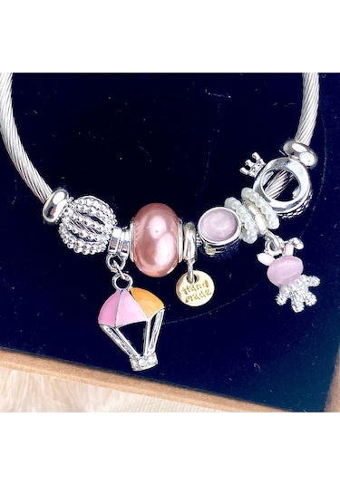 Charm Bileklik Tavşan Uçan Balon Figürlü Çelik Bileklik Gümüş Pembe Gümüş