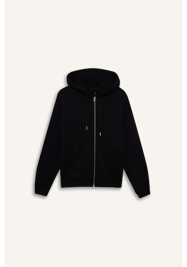 Defacto Relax Fit Kapüşonlu Basic Düz Kalın Fermuarlı Sweatshirt C1809ax25aubk81 Siyah