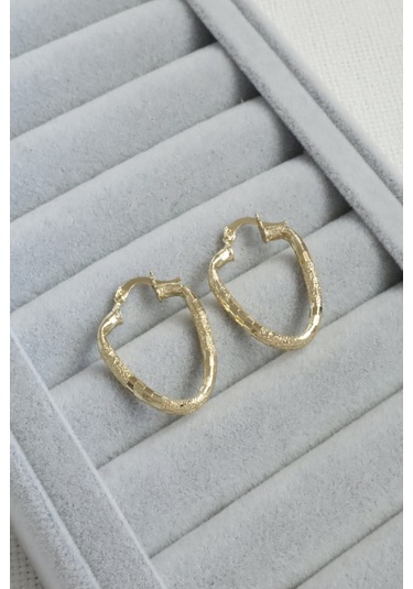 Kadın Küpe Kararmaz 14k Renk Vip Seri Dokulu Oval Modern Form 3cm Halka Küpe Altın