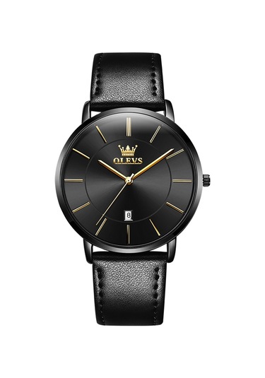 Olevs 5869 Erkekler İş Su Geçirmez Hakiki Deri Kayış Kuvars Saat Siyah
