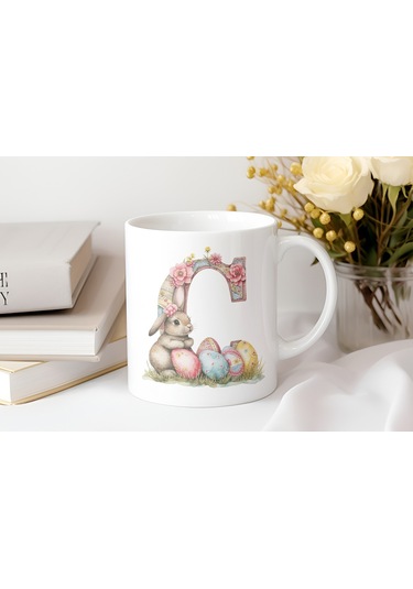 C Harfli Tavşan Kupa - Patchwork / Yamalı Desenli İsme Özel Kupa - Pastel Vintage Tarz Hediyelik Beyaz