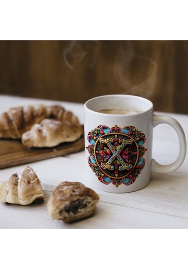 X Harfi Boho Bardak, Renkli Özel Tasarım Hediyelik Harfli Kupa, 330ml Porselen Beyaz