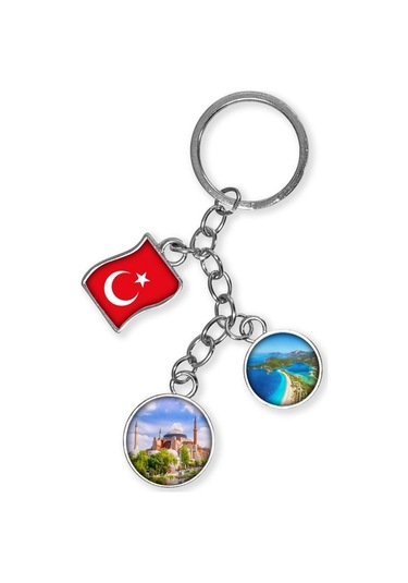 Türkiye Üçlü Epoksi Metal Çift Taraflı Damla Anahtarlık Turkey Gümüş