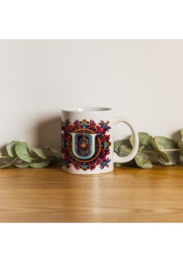 U Harfi Boho Bardak, Renkli Özel Tasarım Hediyelik Harfli Kupa, 330ml Porselen Beyaz