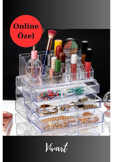 Vivart 3 Büyük Boy Çekmeceli Makyaj & Takı Organizeri Şeffaf Beyaz