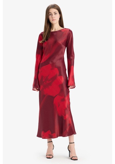 DeFacto Bisiklet Yaka Batik Saten Uzun Kollu Maxi Abiye Elbise E7451AX25SPRD211